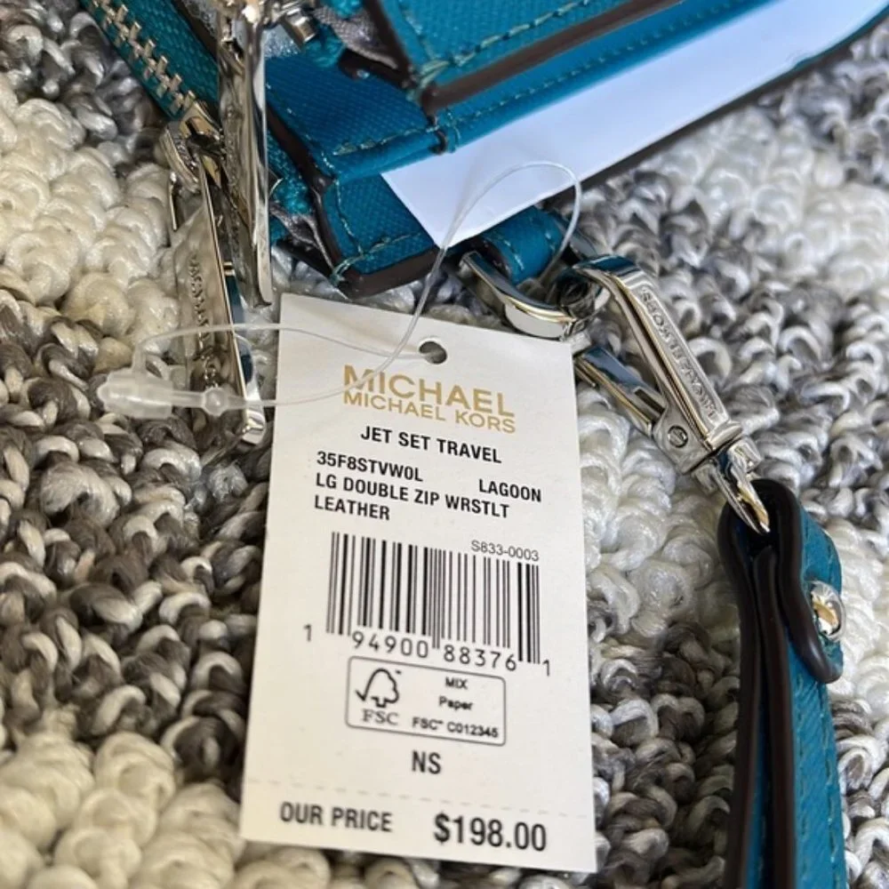 Michael Kors Large Double Zip Leather Wallet Wristlet Phone Case Lagoon
